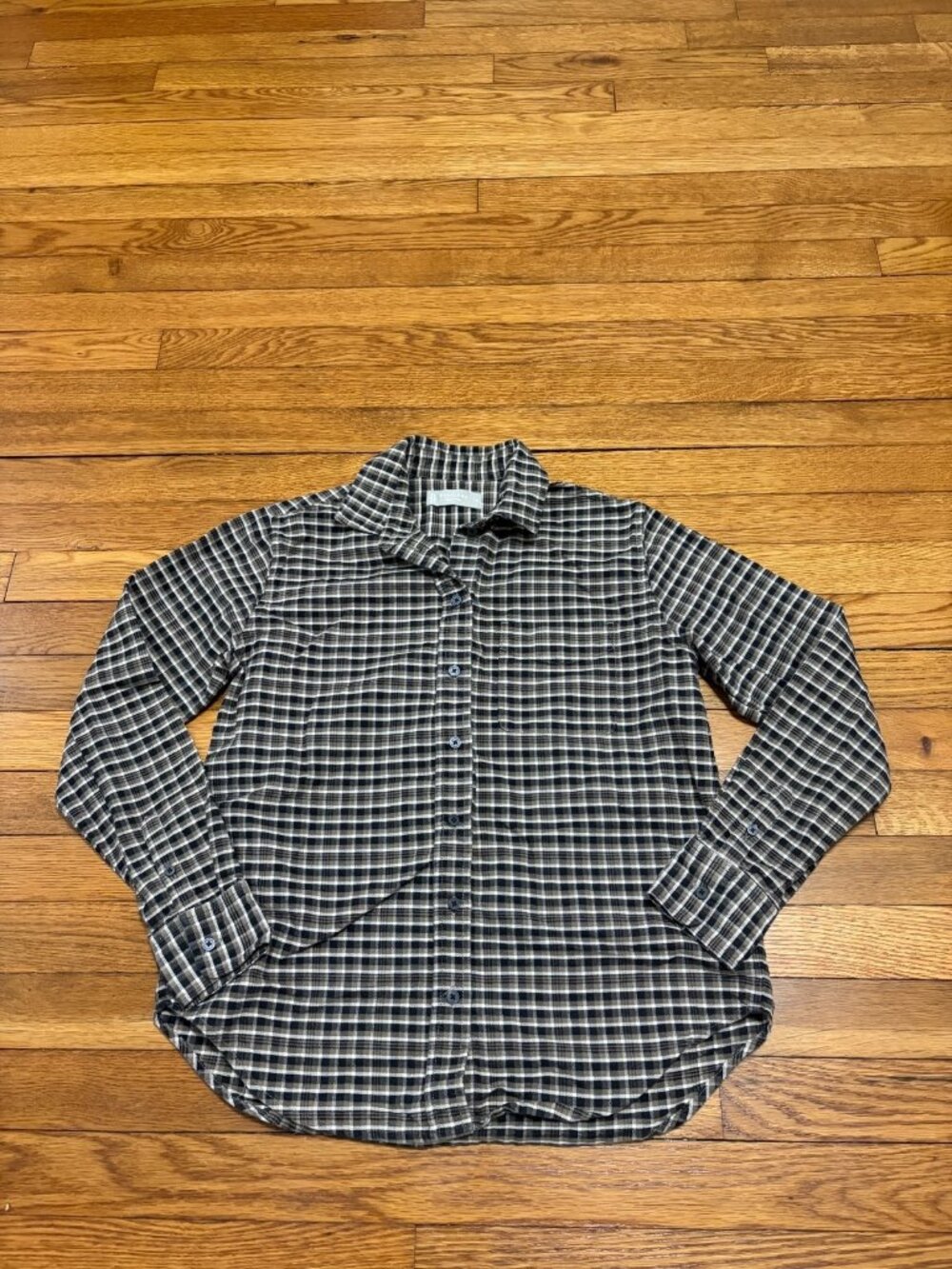 Everlane Womens Button Down Shirt Size 0 Black Brown Plaid Relaxed Boyfriend